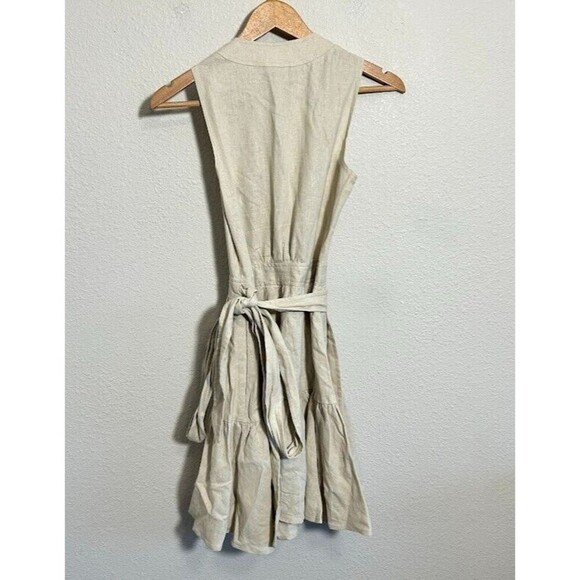 Avec Les Filles Linen Blend Mini Wrap Dress XS Beige Tan Sleeveless V Neck - Picture 3 of 5